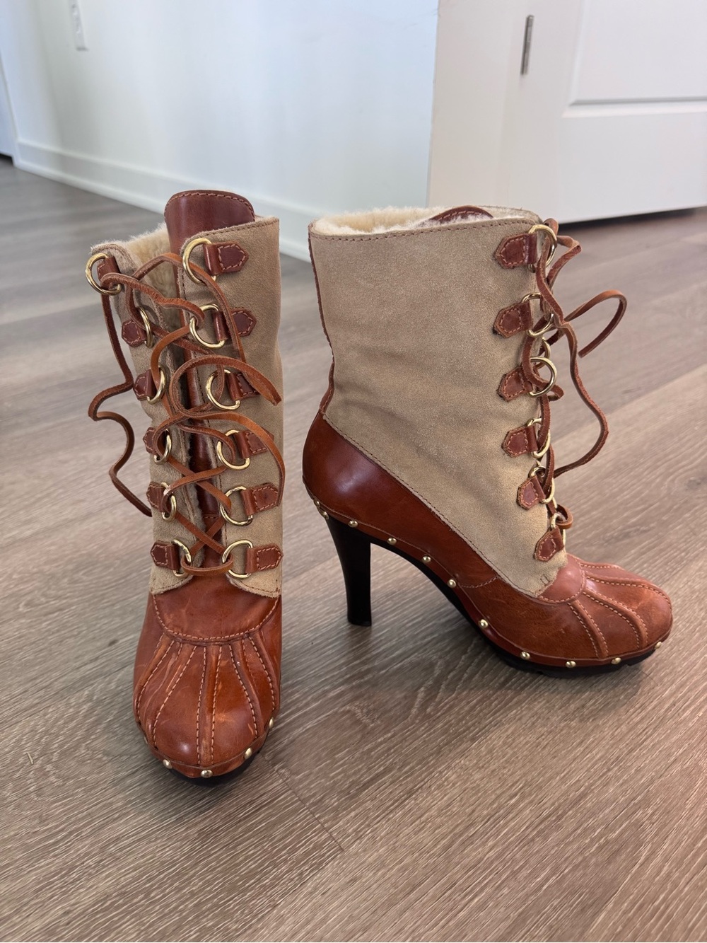 Michael Kors Leather Suede Shearling Lace Up Heeled Boots 6.5